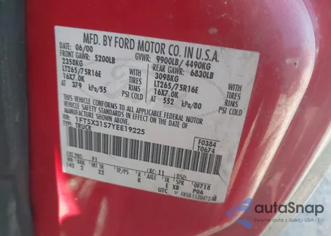 2000 Ford F350 Srw Super Duty from USA, damaged, VIN 1FTSX31S7YEE19225